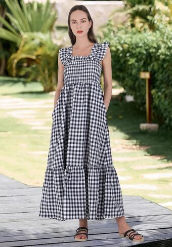 ebossy Women's 2025 Fashion Plaid Dress Sleeveless Smocked Ruffle Pleated Boho Party Beach Gingham Maxi Dresses in Saudi Arabia