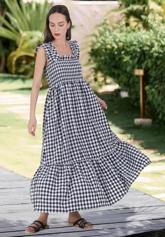 ebossy Women's 2025 Fashion Plaid Dress Sleeveless Smocked Ruffle Pleated Boho Party Beach Gingham Maxi Dresses in Saudi Arabia