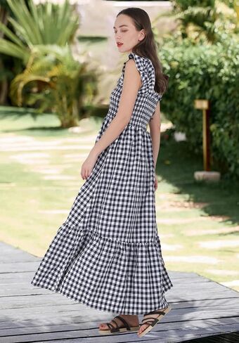 ebossy Women's 2025 Fashion Plaid Dress Sleeveless Smocked Ruffle Pleated Boho Party Beach Gingham Maxi Dresses in Saudi Arabia