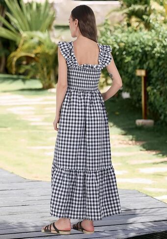 ebossy Women's 2025 Fashion Plaid Dress Sleeveless Smocked Ruffle Pleated Boho Party Beach Gingham Maxi Dresses in Saudi Arabia