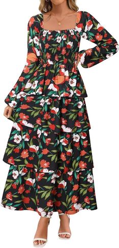 MEROKEETY Women's Summer Fall Long Sleeve Ruffle Tiered Dress 2025 Flowy Layered Square Neck Smocked Maxi Dresses in Saudi Arabia