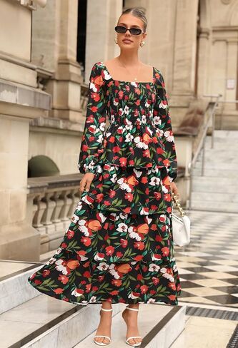 MEROKEETY Women's Summer Fall Long Sleeve Ruffle Tiered Dress 2025 Flowy Layered Square Neck Smocked Maxi Dresses in Saudi Arabia