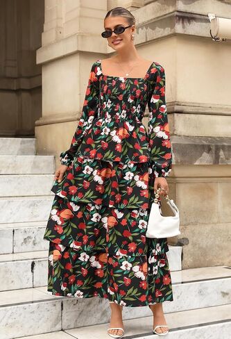 MEROKEETY Women's Summer Fall Long Sleeve Ruffle Tiered Dress 2025 Flowy Layered Square Neck Smocked Maxi Dresses in Saudi Arabia