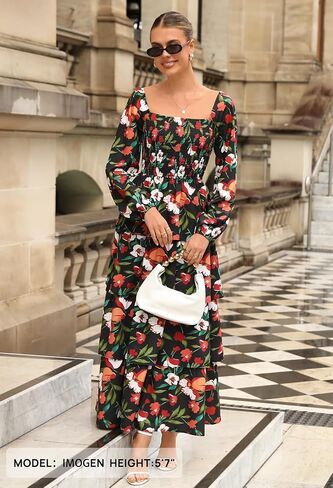MEROKEETY Women's Summer Fall Long Sleeve Ruffle Tiered Dress 2025 Flowy Layered Square Neck Smocked Maxi Dresses in Saudi Arabia