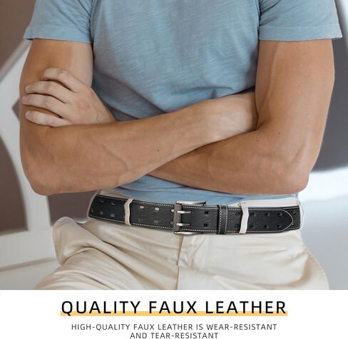 Men Classic Double Prong Faux Leather Belt Fashion Casual Heavy Duty Work Belts For Jeans Pants in Saudi Arabia