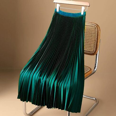 Women's Summer Satin Midi Skirt Casual High Waisted A Line Pleated Ruffle Flowy Cocktail Party Skirts Dresses in Saudi Arabia