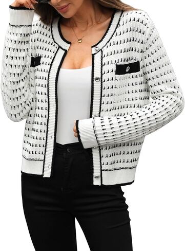 ELLEVEN Women's Cropped Tweed Knit Cardigan Sweater,Trendy Open Front Button Up Long Sleeve Cardigans with Pockets in Saudi Arabia
