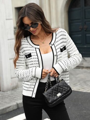 ELLEVEN Women's Cropped Tweed Knit Cardigan Sweater,Trendy Open Front Button Up Long Sleeve Cardigans with Pockets in Saudi Arabia