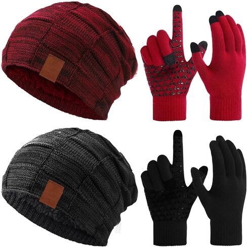 Geyoga 4 Pack Winter Hats for Men Beanie and Gloves Set, Winter Slouchy Beanie Hat Warm Gloves Lined Knit Thick in Saudi Arabia