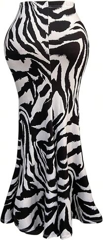 تنورة طويلة للسيدات من SOLY HUX بطباعة الحمار الوحشي، تنورة طويلة بخصر عالٍ على شكل ذيل السمكة in Kuwait