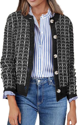 Zeagoo Women's 2024 Knit Cardigan Sweaters Long Sleeve Open Front Button Down Crew Neck Tweed A-White in Saudi Arabia