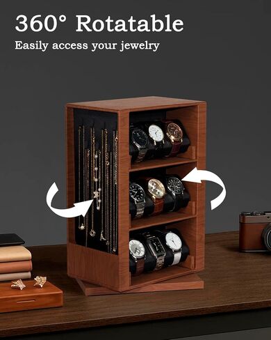 Watch and Glasses Storage Case, 3-Layer Watch Display Box, 4-Layer Glasses Rack, 360° Rotating Jewelry Organizer with Glass Window (Brown, With windows) in Saudi Arabia