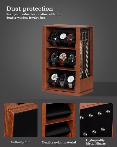Watch and Glasses Storage Case, 3-Layer Watch Display Box, 4-Layer Glasses Rack, 360° Rotating Jewelry Organizer with Glass Window (Brown, With windows) in Saudi Arabia