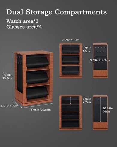 Watch and Glasses Storage Case, 3-Layer Watch Display Box, 4-Layer Glasses Rack, 360° Rotating Jewelry Organizer with Glass Window (Brown, With windows) in Saudi Arabia