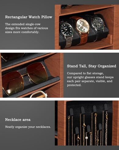 Watch and Glasses Storage Case, 3-Layer Watch Display Box, 4-Layer Glasses Rack, 360° Rotating Jewelry Organizer with Glass Window (Brown, With windows) in Saudi Arabia