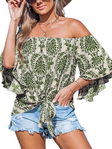 CUPSHE Women Tops Boho Off-Shoulder Neck Ruffle Sleeve Blouse Short Sleeve Tee Shirt Casual Summer in Saudi Arabia