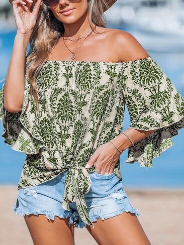 CUPSHE Women Tops Boho Off-Shoulder Neck Ruffle Sleeve Blouse Short Sleeve Tee Shirt Casual Summer in Saudi Arabia