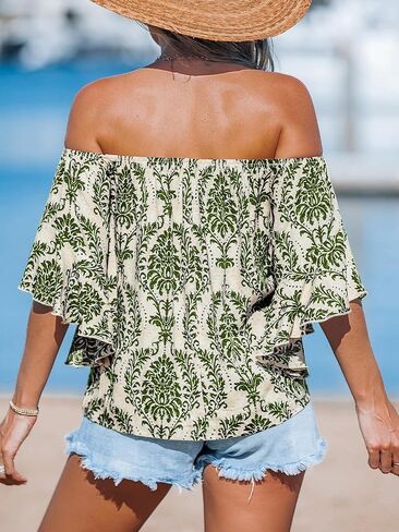 CUPSHE Women Tops Boho Off-Shoulder Neck Ruffle Sleeve Blouse Short Sleeve Tee Shirt Casual Summer in Saudi Arabia