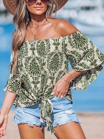CUPSHE Women Tops Boho Off-Shoulder Neck Ruffle Sleeve Blouse Short Sleeve Tee Shirt Casual Summer in Saudi Arabia