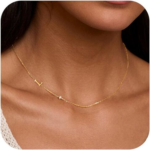 Initial Necklaces for Women,14K Gold Plated CZ Sideways Letter Necklace Dainty Small Cute Gold Initial Necklace Personalized Custom Name Choker Necklaces for Women Non Tarnish Jewelry Aesthetic Stuff in Kuwait