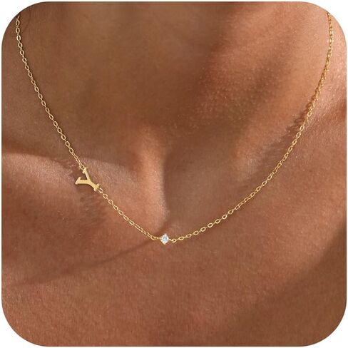 Initial Necklaces for Women,14K Gold Plated CZ Sideways Letter Necklace Dainty Small Cute Gold Initial Necklace Personalized Custom Name Choker Necklaces for Women Non Tarnish Jewelry Aesthetic Stuff in Kuwait