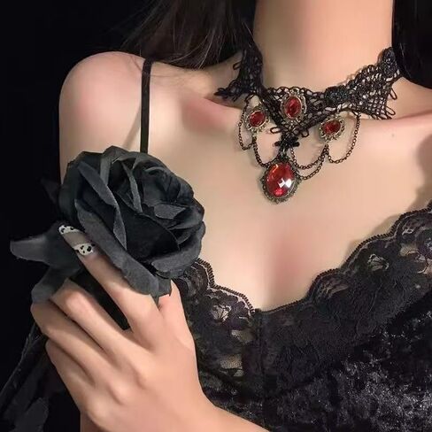 Utaly Ruby Stone Choker Necklace for Women with Black Lace Red Crystal Bow Tie Necklaces for Halloween in Saudi Arabia