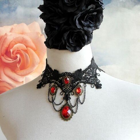 Utaly Ruby Stone Choker Necklace for Women with Black Lace Red Crystal Bow Tie Necklaces for Halloween in Saudi Arabia