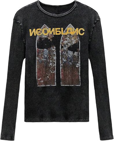Men's Graphic Tees Ribbed Knit Long Sleeve Washed Fitted Top Crewneck Vintage T Shirts Streetwear in Saudi Arabia