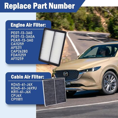 طقم فلتر هواء المحرك والمقصورة متوافق مع Mazda 3 2014-2018، Mazda 6 2014-2021، Mazda CX-5 2013-2025 Repalces # CP11811، KD45-61-J6X، PE07-13-3A0A in Saudi Arabia