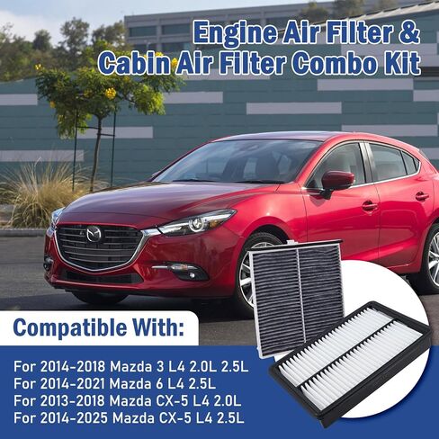 طقم فلتر هواء المحرك والمقصورة متوافق مع Mazda 3 2014-2018، Mazda 6 2014-2021، Mazda CX-5 2013-2025 Repalces # CP11811، KD45-61-J6X، PE07-13-3A0A in Saudi Arabia