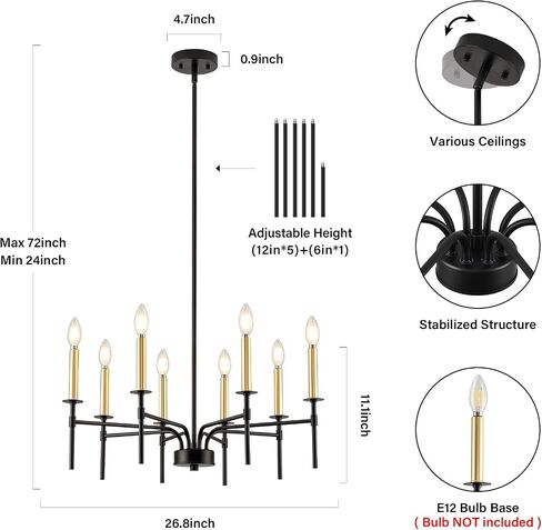 Modern Dining Room Light Fixture 8-Light, Black and Gold Farmhouse Chandelier, Metal Candle Chandeliers for Dining Room, Kitchen, Living Room, Bedroom, Foyer, Staircase, Entryway in Saudi Arabia