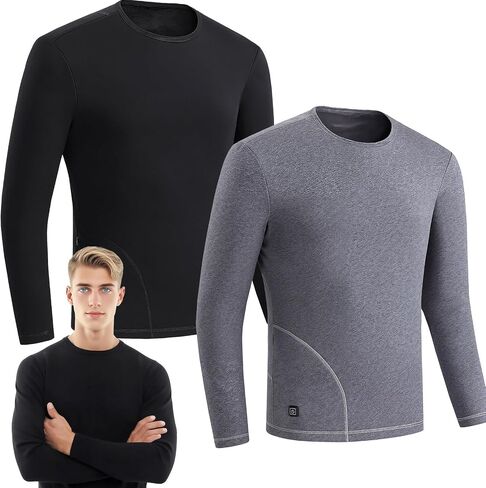 2 Pcs X-Large Heated Thermal Tops for Men Women Electric Heated Shirt Long Sleeves Underwear Fleece Lined for Winter Black in Kuwait