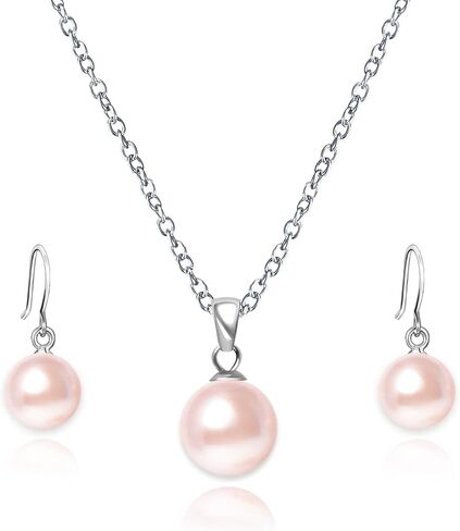 Pearl Pendant Necklace & Earrings Set for Women，Classic Pearl Jewelry Set for Brides and Wedding,12MM Pendant Necklace and 10MM Earrings for Mother or Friends in Kuwait