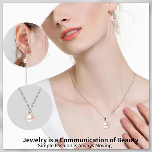 Pearl Pendant Necklace & Earrings Set for Women，Classic Pearl Jewelry Set for Brides and Wedding,12MM Pendant Necklace and 10MM Earrings for Mother or Friends in Kuwait