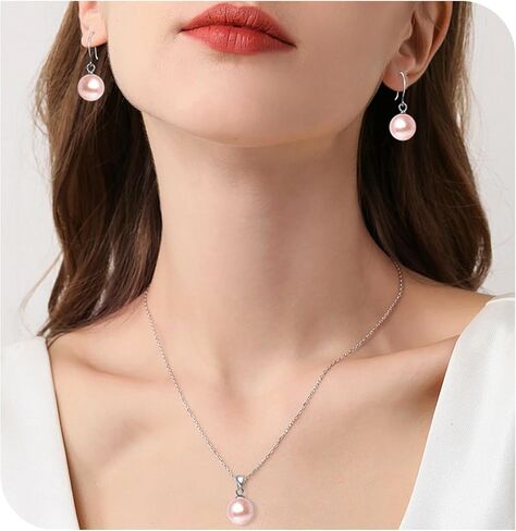 Pearl Pendant Necklace & Earrings Set for Women，Classic Pearl Jewelry Set for Brides and Wedding,12MM Pendant Necklace and 10MM Earrings for Mother or Friends in Kuwait
