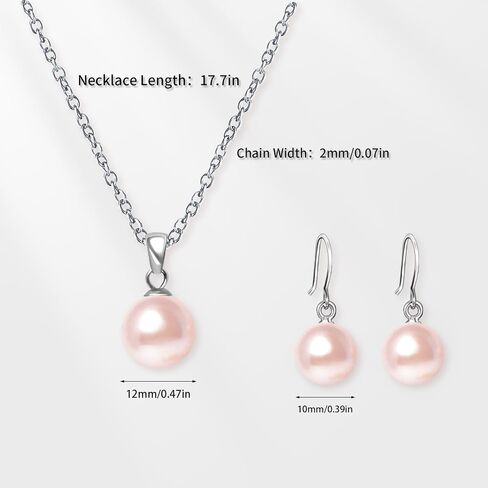 Pearl Pendant Necklace & Earrings Set for Women，Classic Pearl Jewelry Set for Brides and Wedding,12MM Pendant Necklace and 10MM Earrings for Mother or Friends in Kuwait