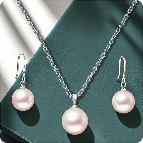 Pearl Pendant Necklace & Earrings Set for Women，Classic Pearl Jewelry Set for Brides and Wedding,12MM Pendant Necklace and 10MM Earrings for Mother or Friends in Kuwait