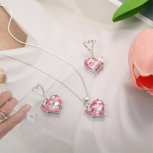 MALOYANVE أقراط على شكل قلب وقلادة مجموعة أنيقة مصنوعة يدويًا كريستال وردي أرجواني أبيض جوهرة الميلاد خفيفة الوزن أقراط قلادة قلادة مجوهرات الزفاف العصرية للنساء in Kuwait