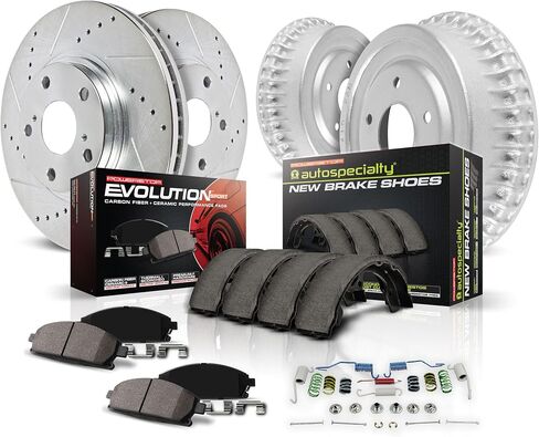 Power Stop K15035DK Front and Rear Z23 Carbon Fiber Brake Pads with Drilled & Slotted Brake Drums Kit For Cadillac Escalade 1999-2000 | Chevrolet Tahoe 1995-2000 [Vehicle Specific] in Saudi Arabia