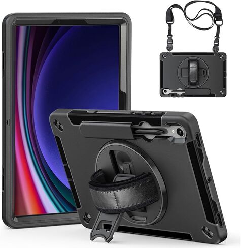 Galaxy Tab S10 Plus 2024/ S9 Plus Protective Carrying Case, Shockproof Rugged Case for Samsung Tab 12.4 inch with Kickstand/Hand Strap/Stylus Holder/Shoulder Belt, Black in Saudi Arabia