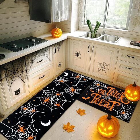 Spooky Halloween Kitchen Rugs and Mats Non Skid Washable Set of 2, Cute Spider Ghost Floor Mats, Black Happy Horror Boo Runner Rug, Vintage Autumn Kitchen Decor in Saudi Arabia