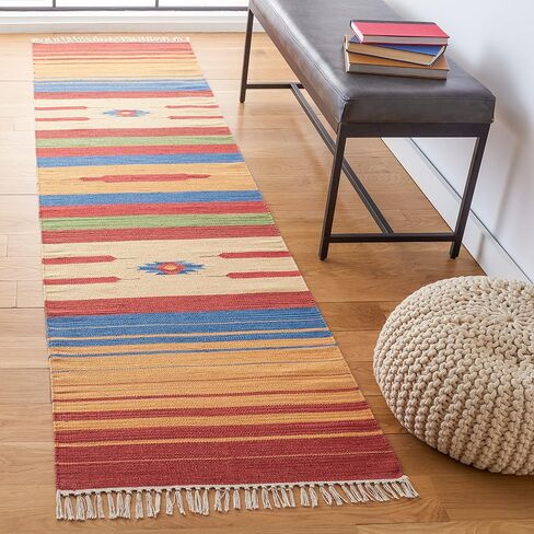 SAFAVIEH Montauk Collection Runner Rug - 2'3" x 7', Red & Blue, Handmade Flat Weave Boho Tribal Southwestern Cotton Fringe, Ideal for High Traffic Areas in Living Room, Bedroom (MTK554Q) in Saudi Arabia
