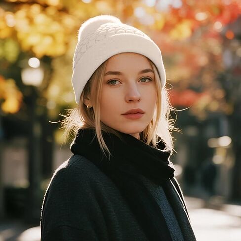 Women's Winter Knit Pom Pom Beanie Hat - Cozy Scales Pattern Warm Hat with Fuzzy Ball Top in Saudi Arabia