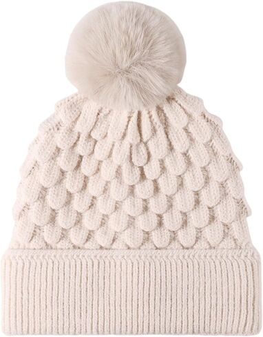 Women's Winter Knit Pom Pom Beanie Hat - Cozy Scales Pattern Warm Hat with Fuzzy Ball Top in Saudi Arabia