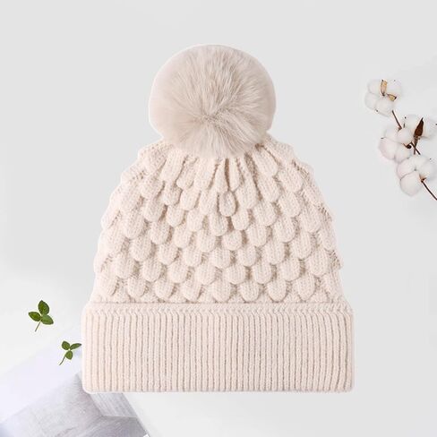 Women's Winter Knit Pom Pom Beanie Hat - Cozy Scales Pattern Warm Hat with Fuzzy Ball Top in Saudi Arabia