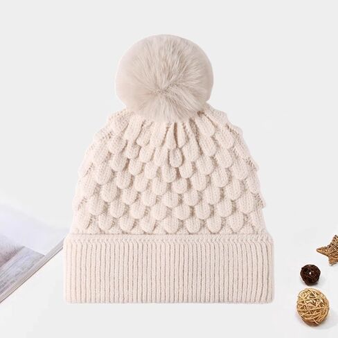 Women's Winter Knit Pom Pom Beanie Hat - Cozy Scales Pattern Warm Hat with Fuzzy Ball Top in Saudi Arabia