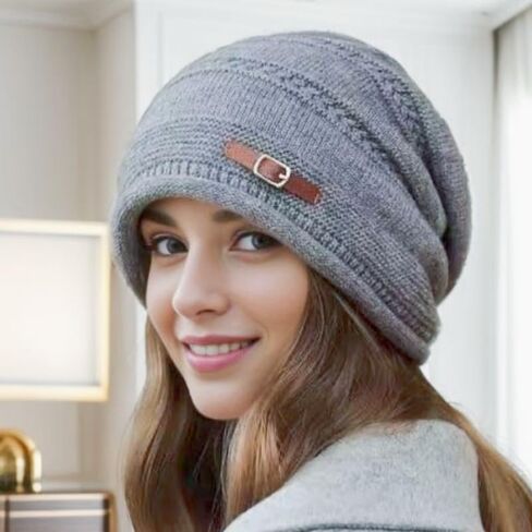 Womens Winter Beanie Hat,Fleece Lining Warm Knitted Slouchy Beanie Hats Cap with Visor in Saudi Arabia