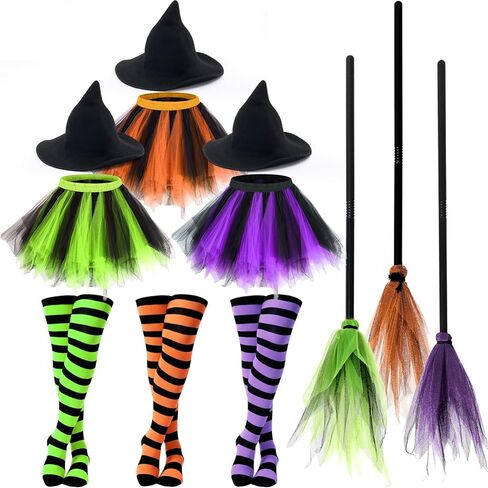 3 Sets Halloween Witch Costumes for Women Halloween Tutu Dress with Witch Broom Hat Knee High Socks for Cosplay Party in Saudi Arabia