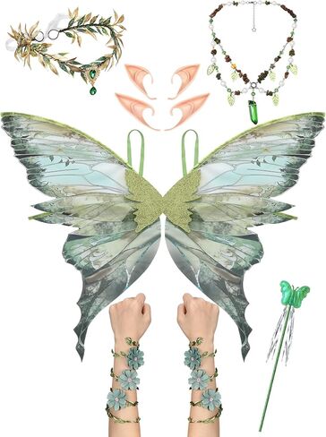 8 Pcs Fairy Wings Costumes for Women Adults Halloween Elf Costume Set Butterfly Wings with Flower Crown Elf Ears Necklace Flower Arm Wrap Wand for Renaissance Party Fairy Cosplay Accessories in Saudi Arabia