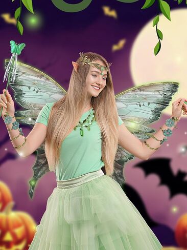 8 Pcs Fairy Wings Costumes for Women Adults Halloween Elf Costume Set Butterfly Wings with Flower Crown Elf Ears Necklace Flower Arm Wrap Wand for Renaissance Party Fairy Cosplay Accessories in Saudi Arabia